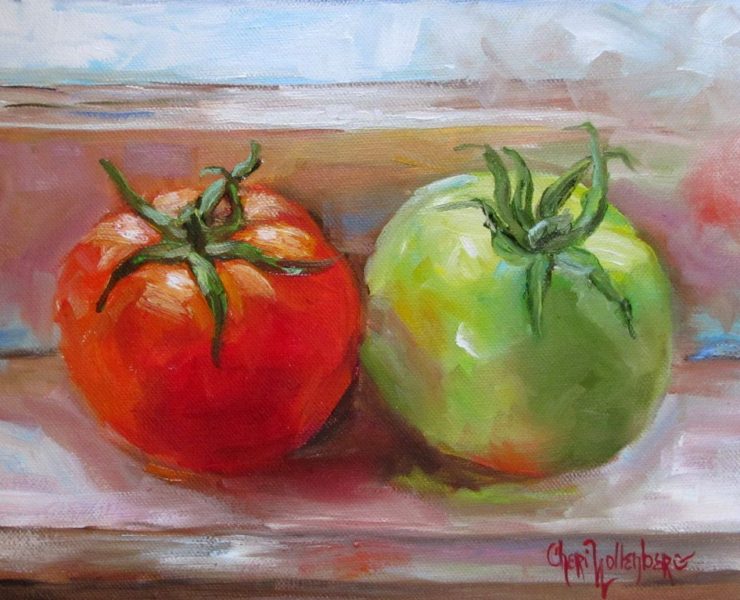 Painting of a red tomato and a green tomato