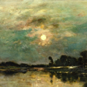 Painting of the moon over a river