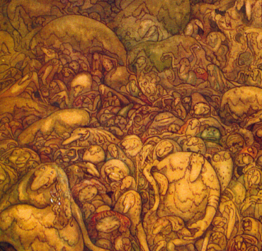 Sepia illustration of roots shaped like trolls