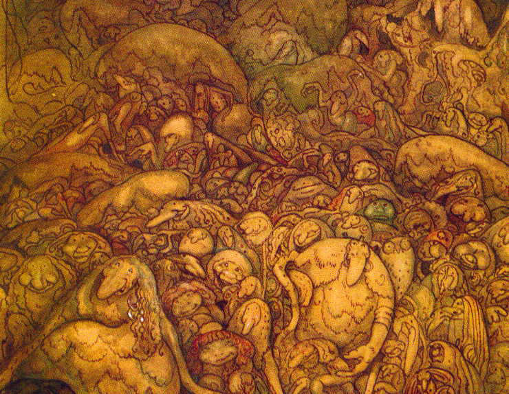 Sepia illustration of roots shaped like trolls