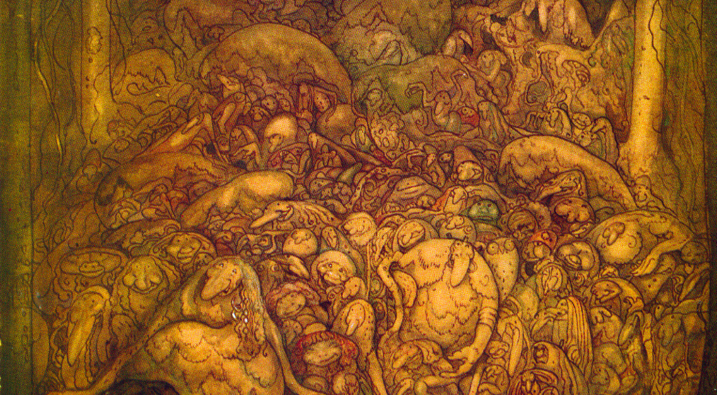 Sepia illustration of roots shaped like trolls