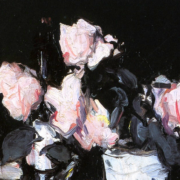 Oil painting of light pink roses in a blue and white vase