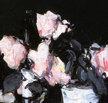 Oil painting of light pink roses in a blue and white vase