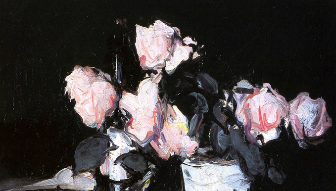 Oil painting of light pink roses in a blue and white vase