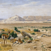 Painting of a desert landscape with several springboks grazing