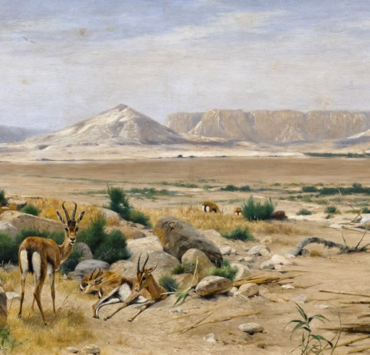 Painting of a desert landscape with several springboks grazing