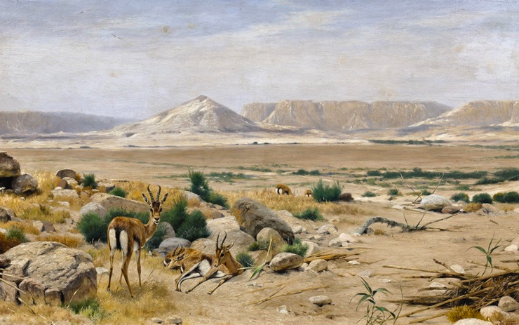 Painting of a desert landscape with several springboks grazing