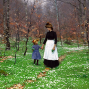 Painting of a woman and a young girl walking through a woodland meadow covered in anemone flowers