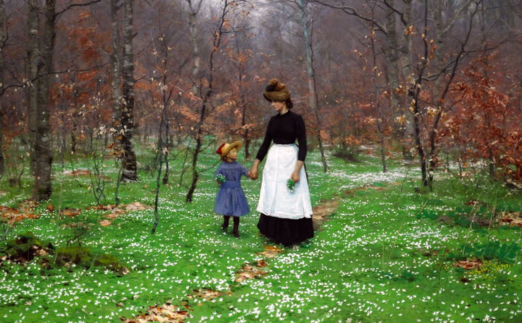 Painting of a woman and a young girl walking through a woodland meadow covered in anemone flowers