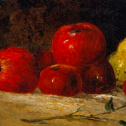 Still life painting of red apples and a yellow pear