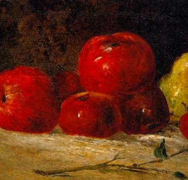 Still life painting of red apples and a yellow pear