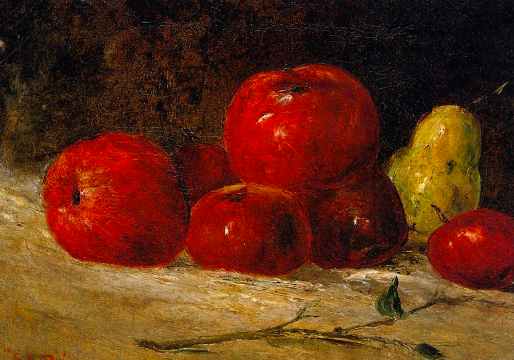 Still life painting of red apples and a yellow pear