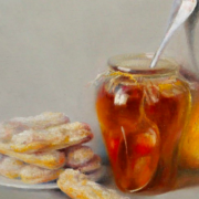 Painting of a plate of cookies next to a jar of honey