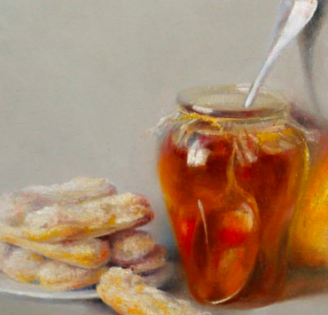 Painting of a plate of cookies next to a jar of honey
