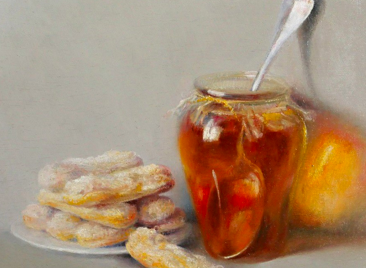 Painting of a plate of cookies next to a jar of honey