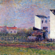 Painting of a suburban house with a factory in theh distance