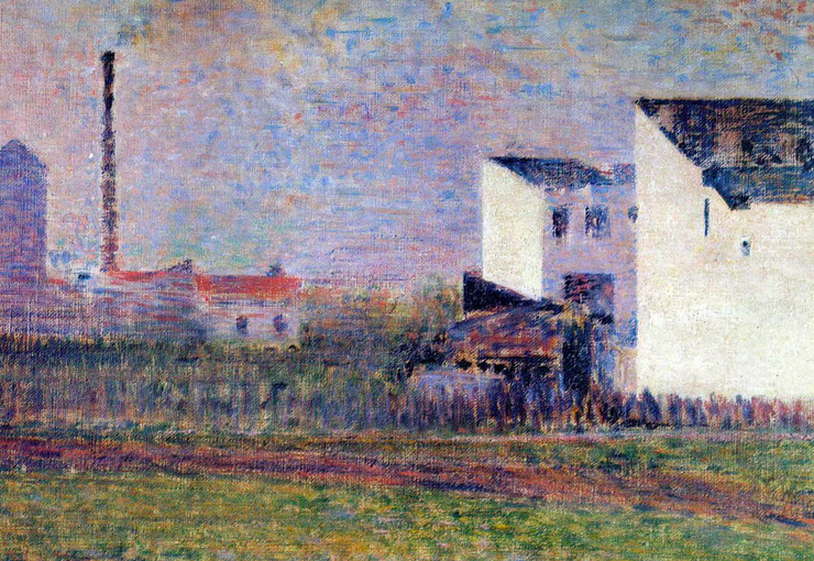 Painting of a suburban house with a factory in theh distance