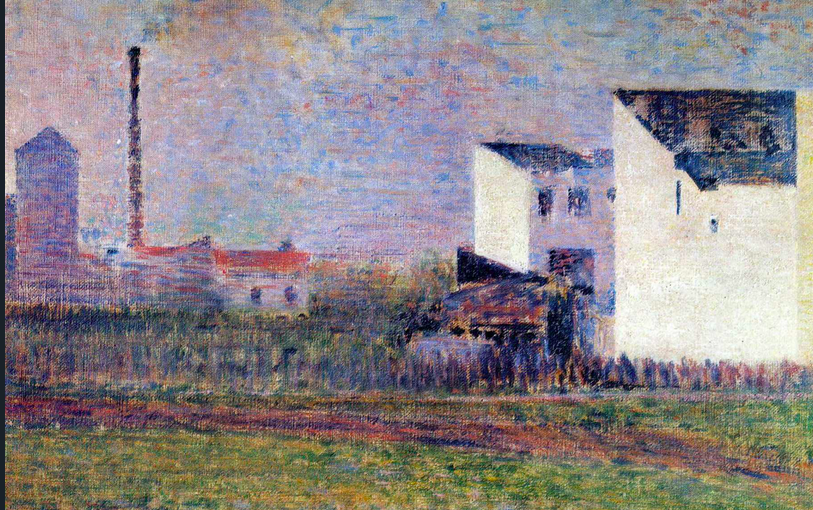 Painting of a suburban house with a factory in theh distance