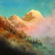 Painting of a mountain range at sunrise