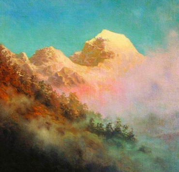 Painting of a mountain range at sunrise
