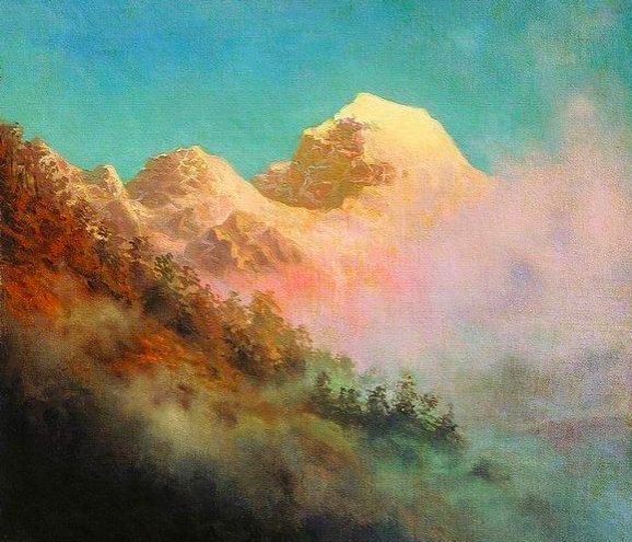 Painting of a mountain range at sunrise
