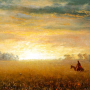 Painting of a prairie at sunset