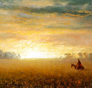 Painting of a prairie at sunset