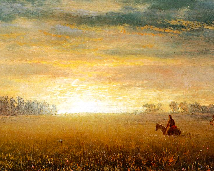 Painting of a prairie at sunset