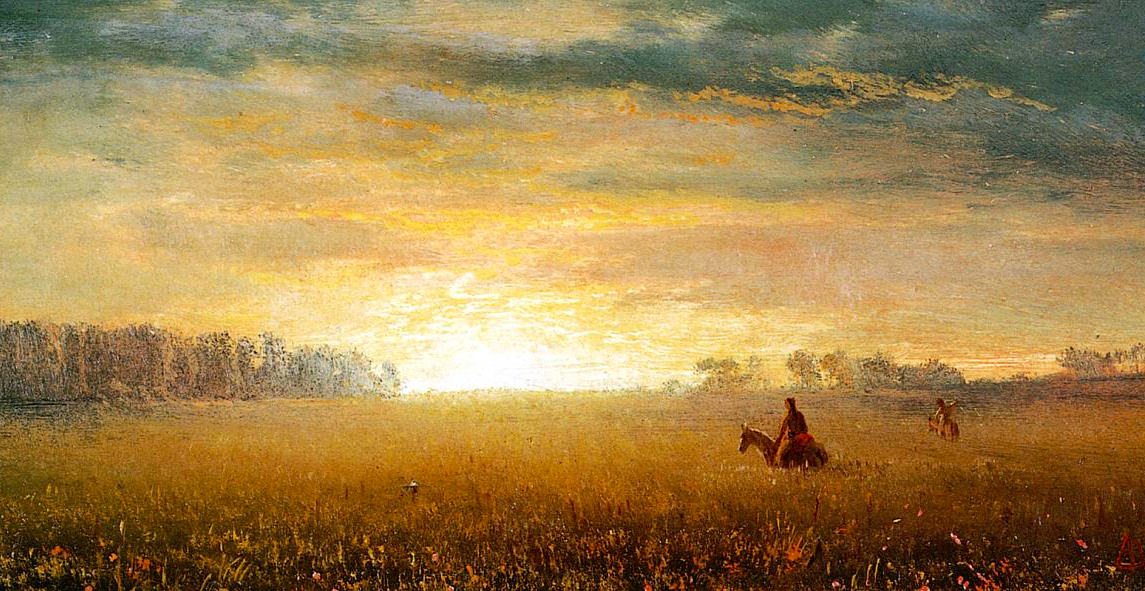 Painting of a prairie at sunset