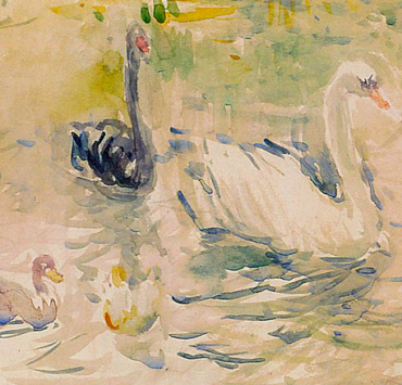 Impressionist painting of four swans on a lake