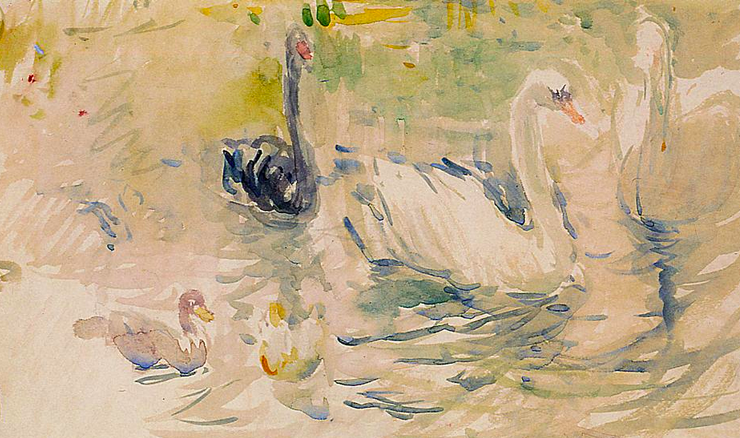 Impressionist painting of four swans on a lake