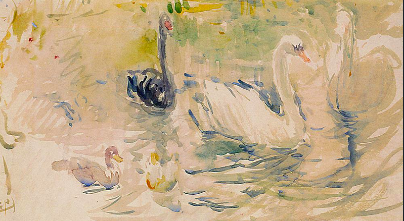 Impressionist painting of four swans on a lake
