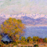 Impressionist painting of the alps with trees in the foreground