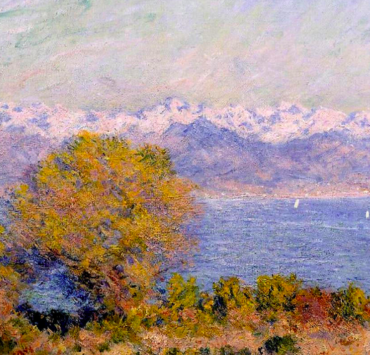 Impressionist painting of the alps with trees in the foreground