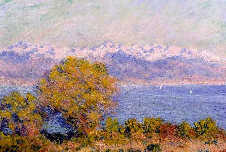 Impressionist painting of the alps with trees in the foreground