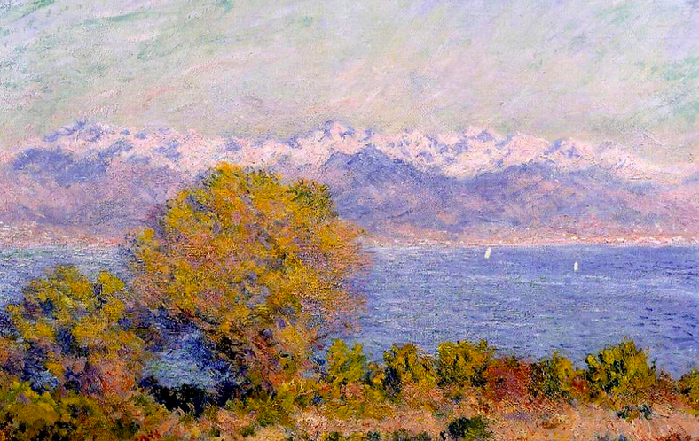 Impressionist painting of the alps with trees in the foreground