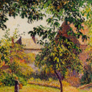 Impressionist painting of a barn surrounded by trees