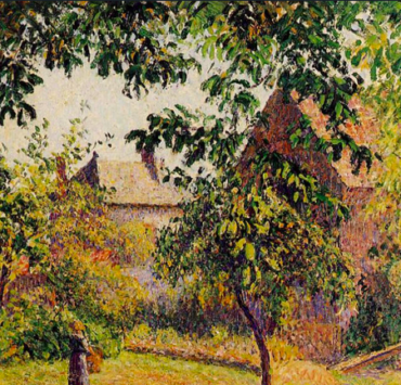 Impressionist painting of a barn surrounded by trees