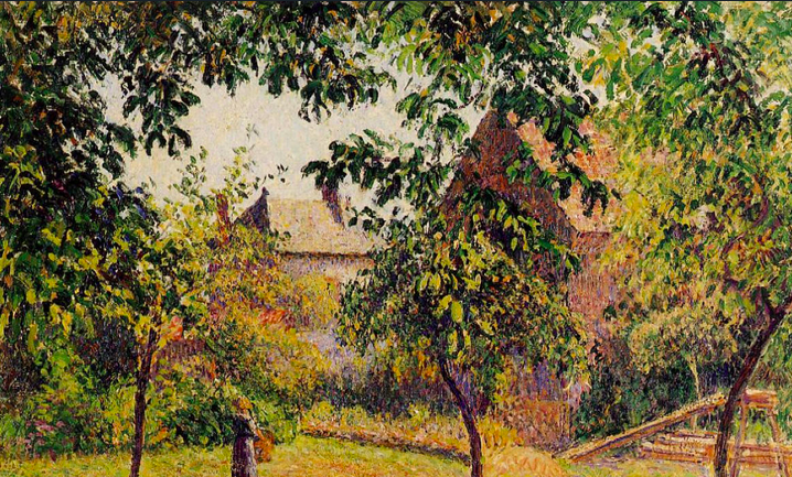 Impressionist painting of a barn surrounded by trees
