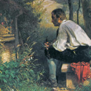 Painting of a man sitting on a bench and talking to a beehive