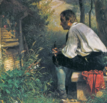 Painting of a man sitting on a bench and talking to a beehive
