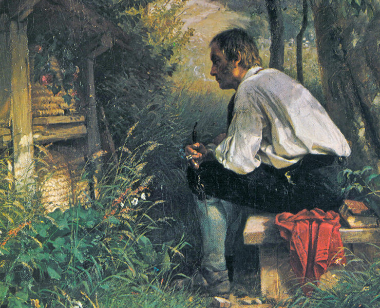 Painting of a man sitting on a bench and talking to a beehive