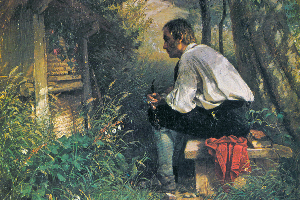 Painting of a man sitting on a bench and talking to a beehive