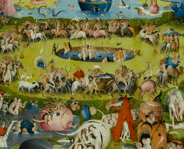 Detailed painting depicting a variety of strange creatures and people