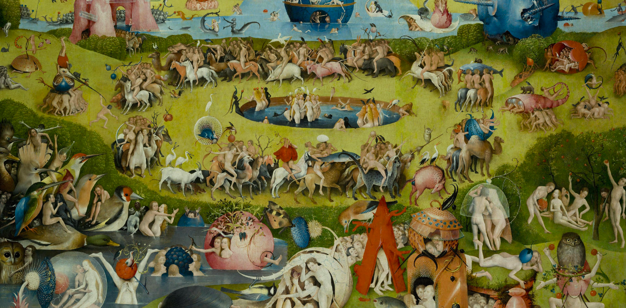 Detailed painting depicting a variety of strange creatures and people