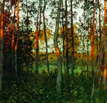 Painting of an aspen forest illuminated by a sunset