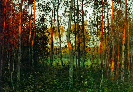 Painting of an aspen forest illuminated by a sunset