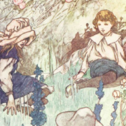 Illustration of three children in a garden