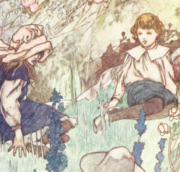 Illustration of three children in a garden