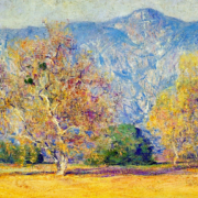 Painting of two sycamore trees in front of a mountain